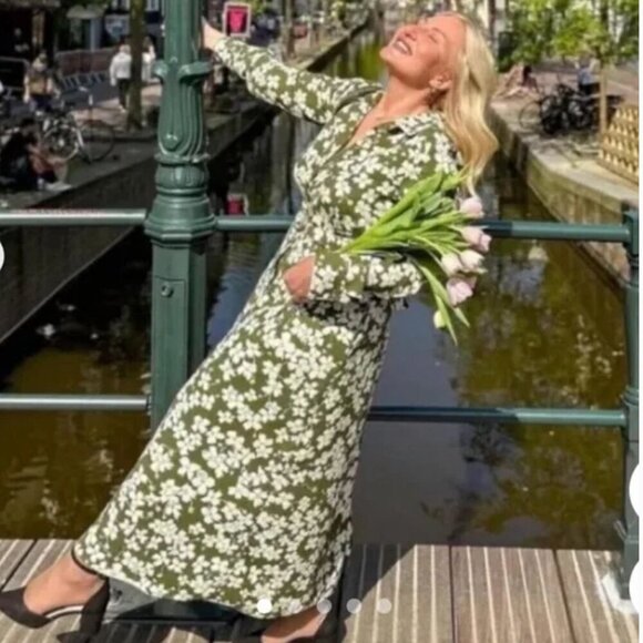 NWT Zara Floral Print Shirt Dress Women's Size Medium M Green - Picture 7 of 7
